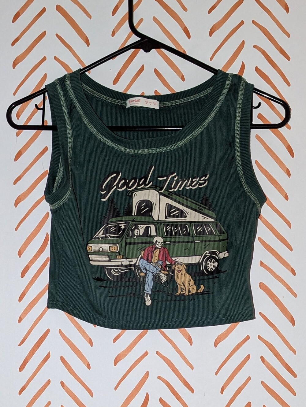 Romwe Good Times Skeleton Green Graphic Ribbed Crop Tank